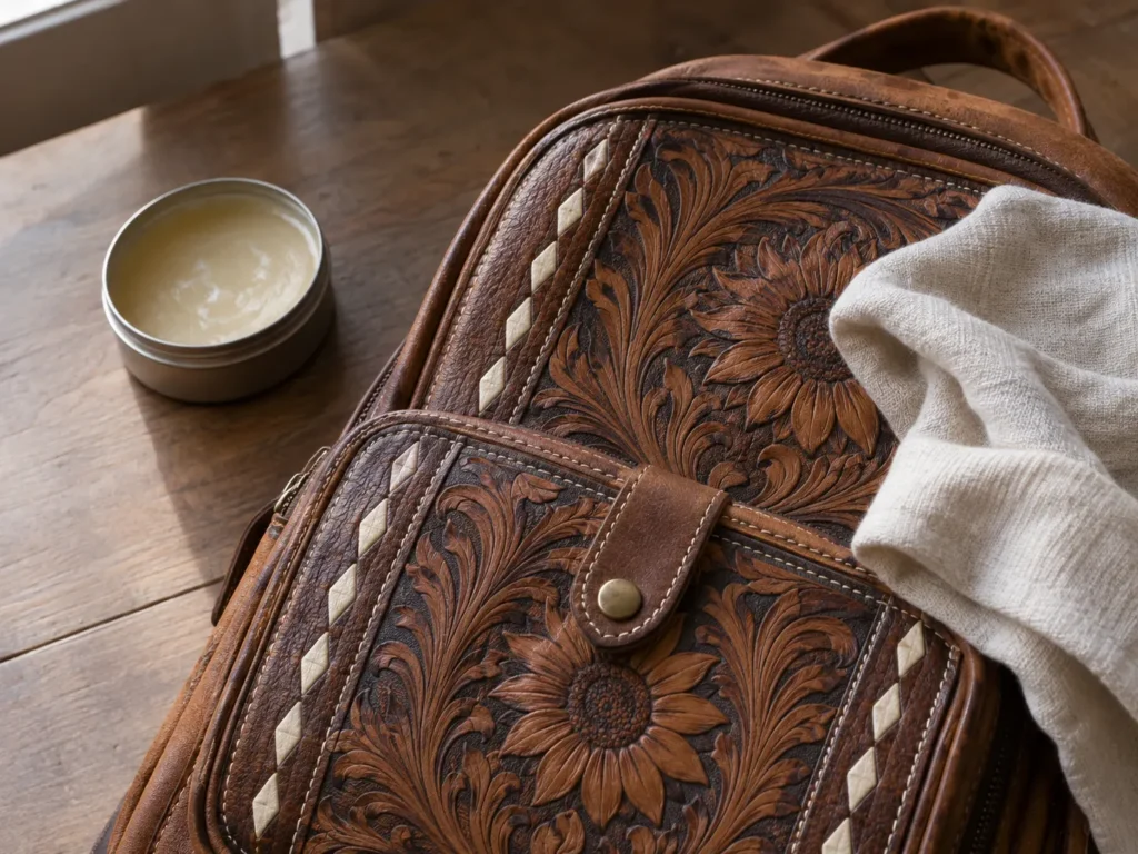 Hand-tooled floral leather panel on an Aesthec backpack