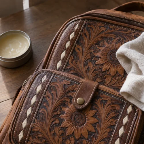 Hand-tooled floral leather panel on an Aesthec backpack