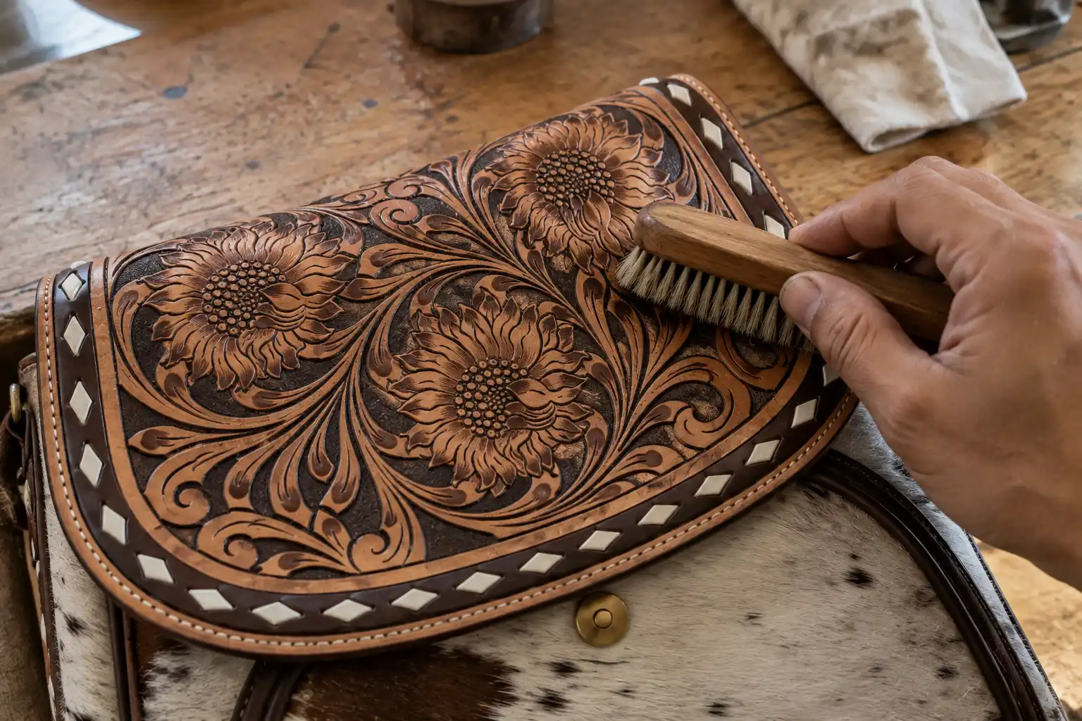 Soft brush gently cleaning a hand-tooled floral panel on an Aesthec leather bag