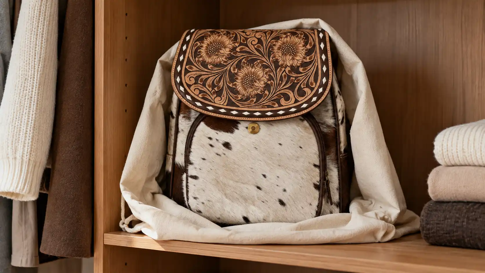 Aesthec leather bag stored upright in a cotton dust bag on a wardrobe shelf